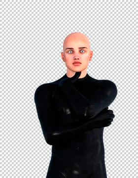 One young bald man posing in latex costume Stock Illustration