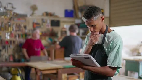 One young black apprentice of carpentry workshop taking notes on notepad, w.. Stock Photos