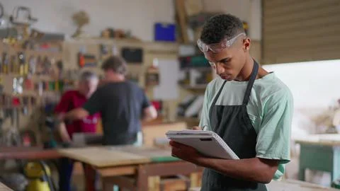 One young black apprentice of carpentry workshop taking notes on notepad, w.. 스톡 사진