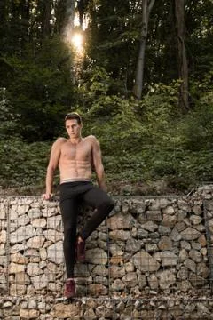One young handsome man posing, shirtless forest fitness body muscular rocks Stock Photos