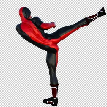 One young man in red and black superhero costume. Strike right foot. To right Stock Illustration