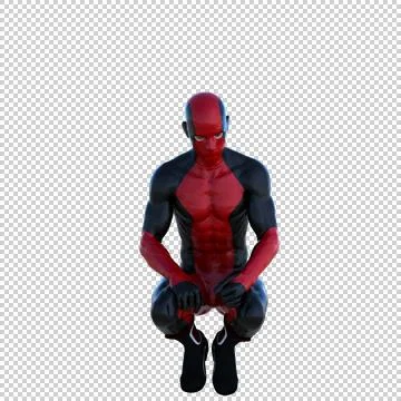 One young man in a red and black super suit. Sits on a half Illustrazione stock