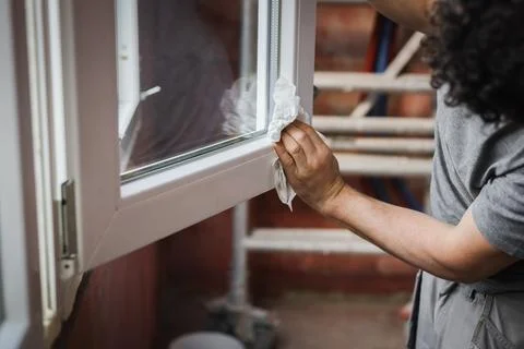One young worker wipes the window frames with a napkin. Stock Photos