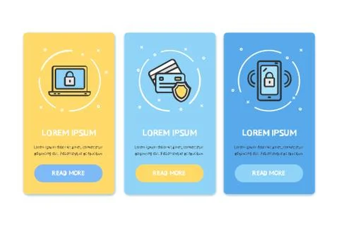 Oneboarding App Screens Cards Data Security Set. Vector Stock Illustration