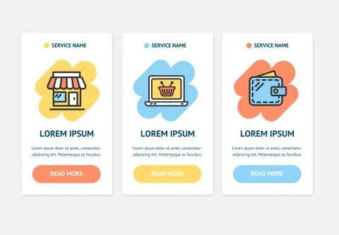 Oneboarding App Screens Cards E-commerce Set. Vector Illustrazione stock