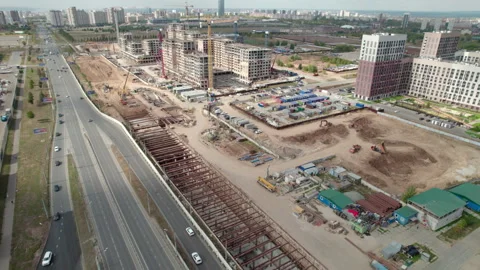 Ongoing metro construction in developing area of city Stockbeeldmateriaal 294404399
