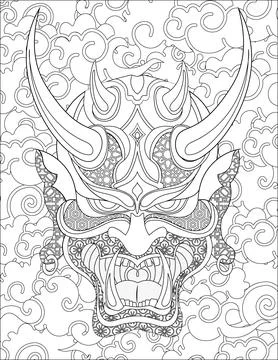 Oni Mask Facing Forward With Cloudy Background Colorless Line Drawing. Japanese Stock Illustration