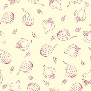 Onion and Garlic Seamless Pattern On yellow Background. Vegetable Illustration Stock Illustration