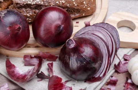 Onion, bread and garlic Stock Photos