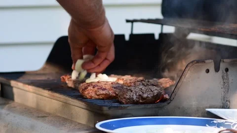 Onion burger, flames on the grill, backyard grillin Stock Footage 278266583