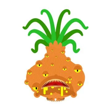 Onion monster GMO mutant. Genetically modified Angry Vegetable with teeth. Hu Illustrazione stock
