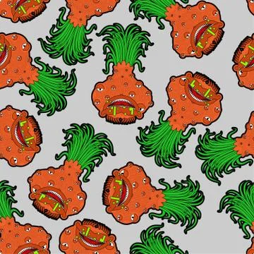Onion monster GMO mutant pattern seamless. Angry Vegetable with teeth backgro Stock Illustration