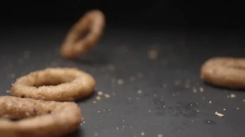 Onion rings close up slow motion studio, tasty fast food Stock Footage 144801416