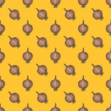Onion seamless pattern hand drawn background on yellow. Vintage background Stock Illustration