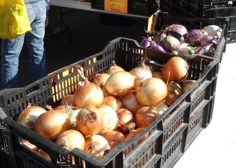 Onions and eggplant for sale at the local farmers market Stock Photos