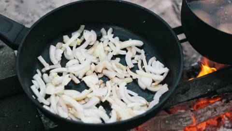 Onions Frying on Campfire Stock Footage 284625706
