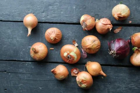 Onions on rustic wood Stock Photos
