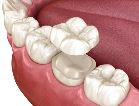 Onlay ceramic crown fixation over molar tooth. Stock-Illustration