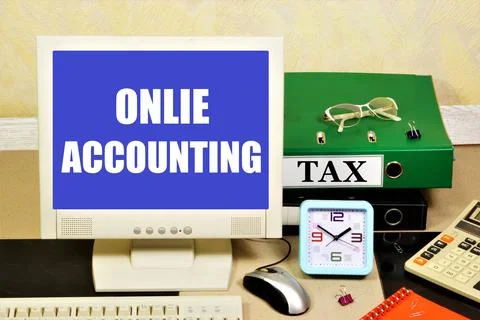 Online accounting. The text label on the computer monitor. Stock Photos