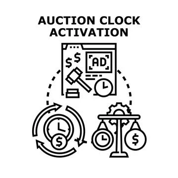 Online advertising bidding process activating clock auction Stock Illustration