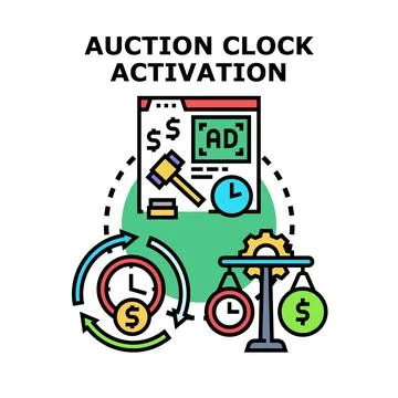 Online advertising bidding process activating clock auction Stock Illustration