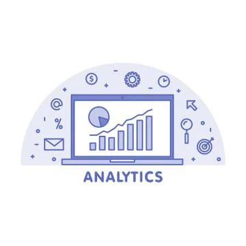 Online analytics concept line illustration. Laptop with web page graphic di.. Stock Illustration