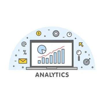 Online analytics concept line illustration. Laptop with web page graphic di.. Illustrazione stock