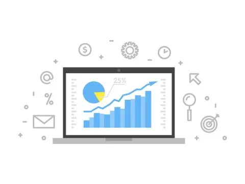 Online analytics concept line illustration. Laptop with web page graphic diag Illustrazione stock