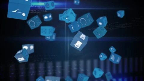 Online and application icons in cubes with program codes Stock Footage 110719043