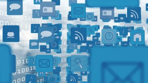 Online and application icons in squares and binary codes in the sky Stock Footage 110724871
