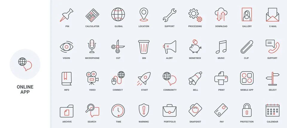 Online application tools for work and entertainment, mobile app search line icon Illustrazione stock