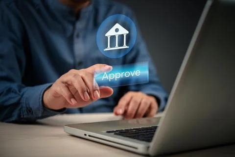 Online approval process with digital button and bank icon. Ideal for fintec.. 스톡 사진