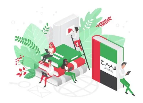 Online Arabic language courses isometric 3d vector illustration. Distance Illustrazione stock