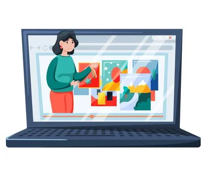 Online art class. E-learning, distance education. Video tutorials and web Illustrazione stock