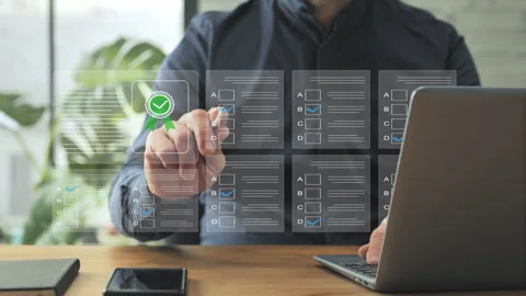 Online assessment test man at laptop get certification Stock Footage 276499864