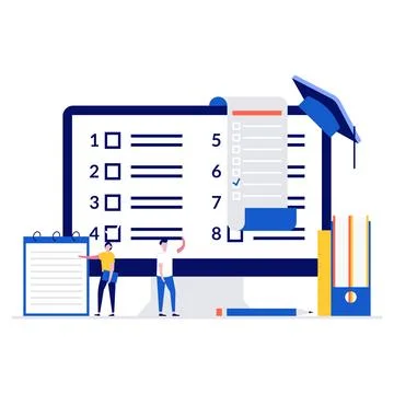 Online assessment vector illustration concept with characters, big computer.. Stock Illustration