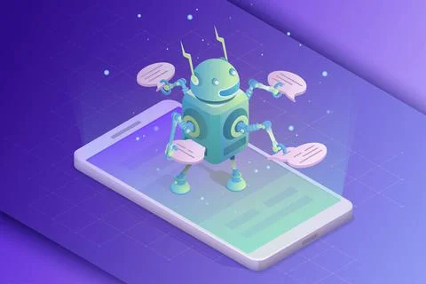 Online assistant. Artificial Intelligence, Communication with robot. Stock Illustration