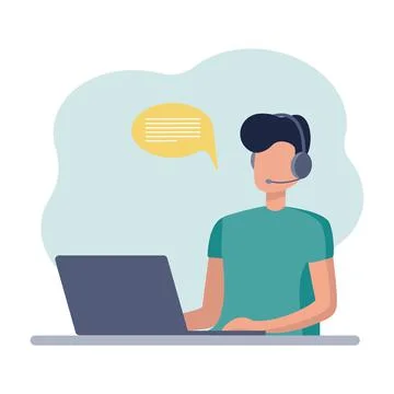 Online assistant. The guy sits at the computer, communicates with clients イラスト素材