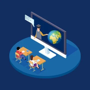 Online astronomy lesson isometric vector concept. Remote teacher tells children 스톡 일러스트