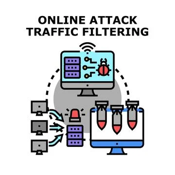 Online attack traffic filtering protecting network data security Illustrazione stock