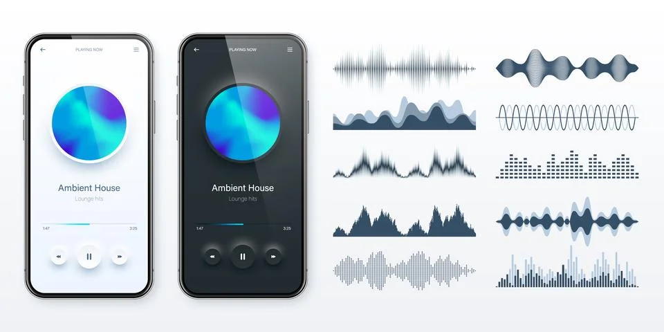 Online audio player user interface, smartphone app UI design. Music, media Illustrazione stock