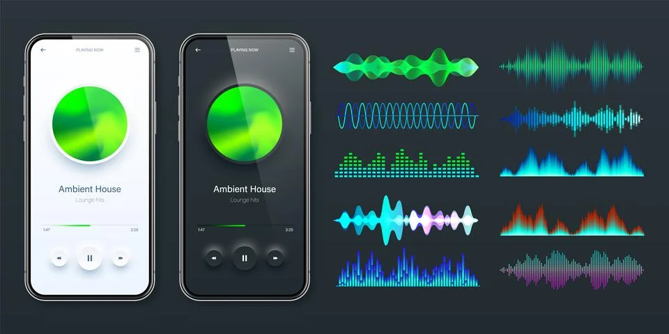 Online audio player user interface, smartphone app UI design. Music, media Illustrazione stock