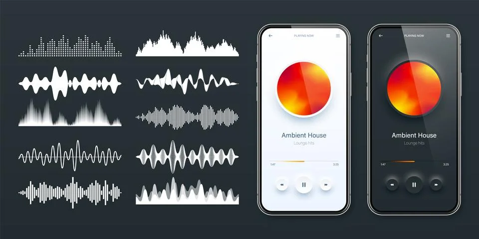 Online audio player user interface, smartphone app UI design. Music, media Stock Illustration