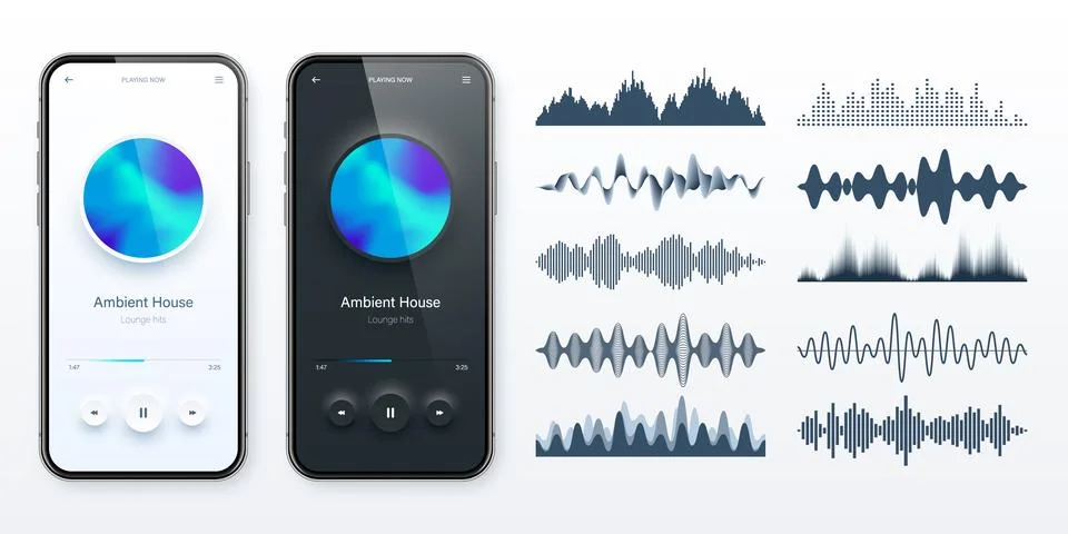 Online audio player user interface, smartphone app UI design. Music, media Stock Illustration