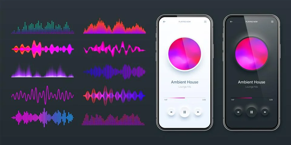 Online audio player user interface, smartphone app UI design. Music, media Stock Illustration