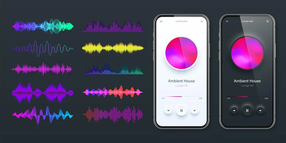 Online audio player user interface, smartphone app UI design. Music, media Illustrazione stock
