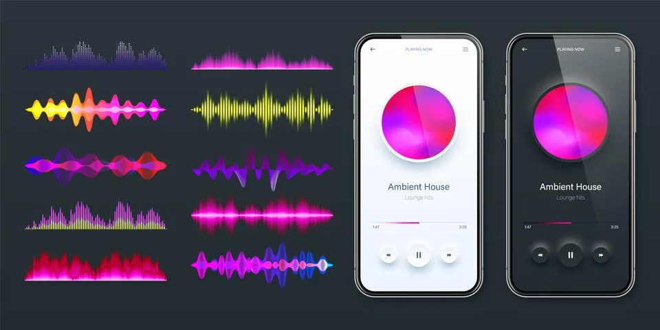 Online audio player user interface, smartphone app UI design. Music, media Illustrazione stock