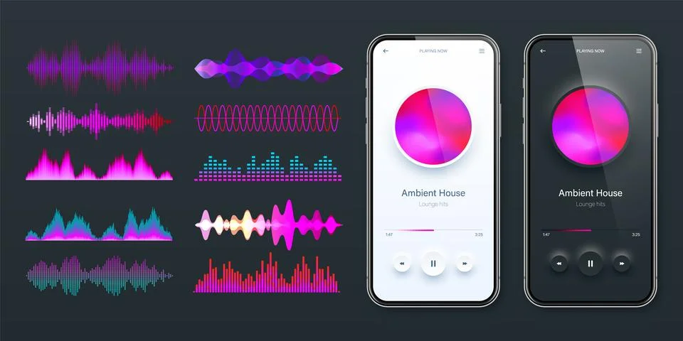 Online audio player user interface, smartphone app UI design. Music, media Illustrazione stock