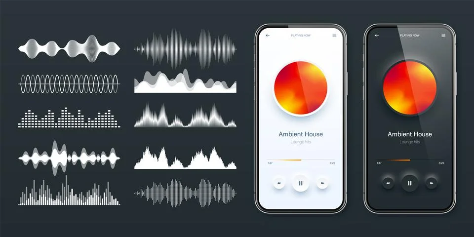 Online audio player user interface, smartphone app UI design. Music, media 库存插图