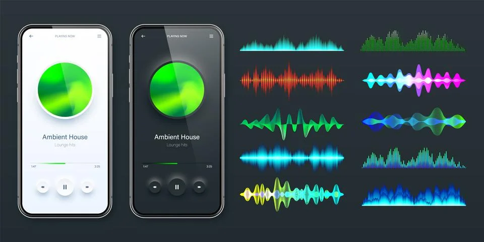 Online audio player user interface, smartphone app UI design. Music, media 库存插图